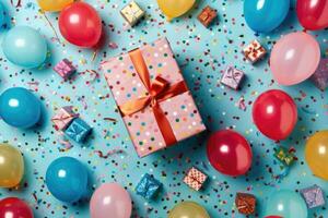 aniversário festa plano deitar com colorida balões e confete. ai generativo foto