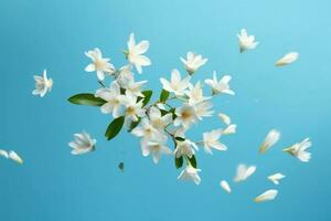 jasmim florescer. uma lindo branco flores do jasmim em azul fundo. ai generativo foto