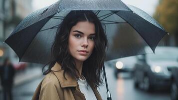 mulher com guarda-chuva dentro chuvoso clima. generativo ai foto