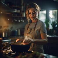 mulher dentro cozinha. generativo ai foto