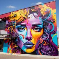 uma colorida mural do uma mulher face em uma construção ai generativo foto