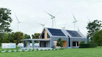 moderno eco casa com solar painéis e moinhos de vento para usar alternativo energia. foto