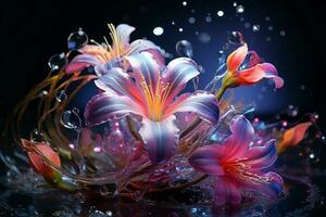 lindo brilhando lírio flores com fresco água respingo em Sombrio fundo foto