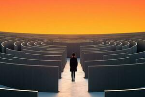 costas Visão do empresária em pé dentro frente do uma grande Labirinto labirinto com brilhante cor fundo foto
