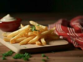 delicioso francês fritas com maionese e salsinha para guarnição, enfeite, adorno dentro uma de madeira descanso de mesa foto