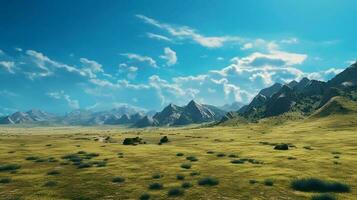 natureza panorama Visão do colinas com Largo verde savana em uma brilhante azul céu foto
