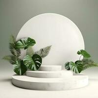 3d render esvaziar espaço branco pódio com monstera folha casa plantar pódio para produtos atirar. ai generativo ilustração. foto