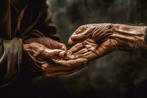mãos do a velho mendigo implorando para dinheiro a partir de a idosos homem, caridade dia generativo ai foto