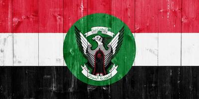 bandeira e casaco do braços do república do Sudão em uma texturizado fundo. conceito colagem. foto