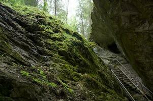 inoxidável aço escada para a caverna, veado ruchy natureza parque dentro a sverdlovsk região, karstovy ponte Rocha. foto