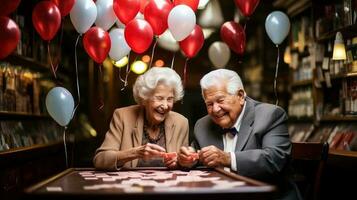 sonhadores meio envelhecido Senior amoroso aposentado família casal, desfrutando pacífico momento relaxante junto, com borrado fundo, generativo ai ilustração foto