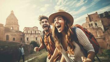 grupo do feliz amigos e rindo, turismo, viagem, pessoas partilha Boa e positivo humor, mochila acampamento caminhada viagem viagem caminhada conceito, com borrado fundo, generativo ai ilustração foto