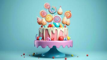 3d ilustração do fofa aniversário bolo, doce bolo para uma surpresa aniversário, para aniversário e celebração ,mãe dia, namorados dia, doce comida, Bolinho, generativo ai ilustração foto