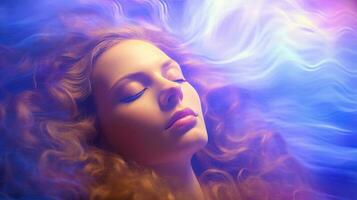 ilustração do mulher dormindo e sonhando. psíquico menina considera mente e coração, espiritualidade, esoterismo. psíquico ondas conceito, generativo ai ilustração foto