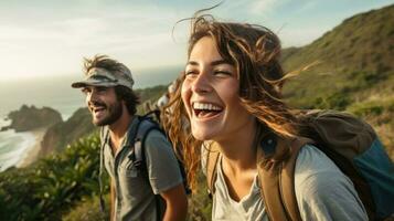 grupo do feliz amigos e rindo, turismo, viagem, pessoas partilha Boa e positivo humor, mochila acampamento caminhada viagem viagem caminhada conceito, com borrado fundo, generativo ai ilustração foto