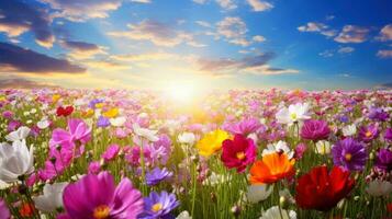 natureza floral fundo dentro cedo verão. colorida natural Primavera panorama com com flores, suave seletivo foco, generativo ai ilustração foto