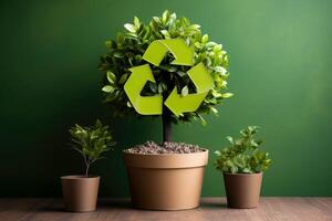 ecossistema restauração, meio Ambiente dia conceito árvore fundo. reciclar ícone papel cortar bandeira com floresta. ecologia projeto conceito, generativo ai ilustração foto