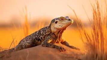 foto do Nilo monitor em savana às pôr do sol. generativo ai