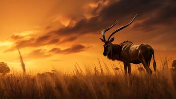 foto do hartebeest em savana às pôr do sol. generativo ai