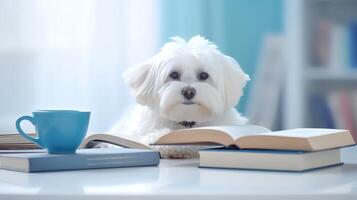 uma maltês cachorro dentro uma suéter senta estudando acompanhado de uma copo e pilhas do livros. generativo ai foto