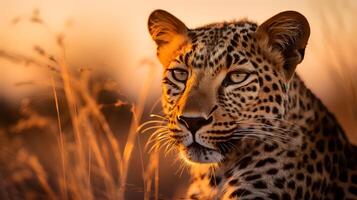 foto do leopardo em savana às pôr do sol. generativo ai