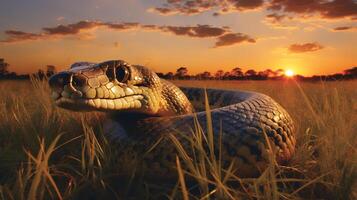 foto do africano Pitão em savana às pôr do sol. generativo ai