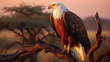 foto do africano peixe Águia em savana às pôr do sol. generativo ai