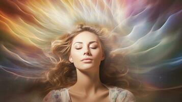 ilustração do mulher dormindo e sonhando. psíquico menina considera mente e coração, espiritualidade, esoterismo. psíquico ondas conceito, generativo ai ilustração foto