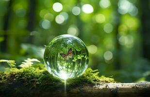 borboleta e cristal bola em uma árvore toco dentro a floresta, natural verde fundo. generativo ai foto