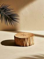 mínimo natural madeira pódio com verde Palma folha com luz solar fundo. mínimo de madeira ficar de pé para branding e embalagem apresentação. generativo ai foto