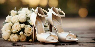 Casamento flores e branco sapato. feriado. generativo ai foto