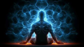 humano meditar, ioga. psíquico humano considera mente e coração. espiritualidade, esoterismo, com bokeh desfocado luzes. universo, psíquico ondas conceito, generativo ai ilustração foto
