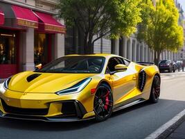 amarelo super carro em a rua. ai generativo foto