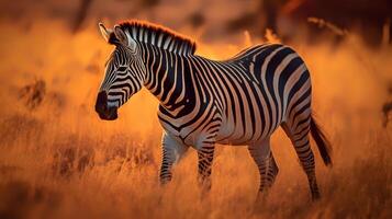 foto do zebra em savana às pôr do sol. generativo ai