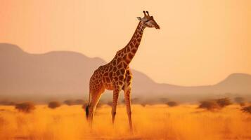 foto do girafa em savana às pôr do sol. generativo ai