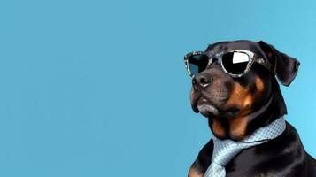 foto do arrogante rottweiler cachorro usando oculos de sol e escritório terno em branco fundo. generativo ai
