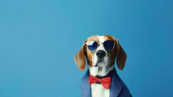 foto do arrogante beagle usando oculos de sol e escritório terno em branco fundo. generativo ai