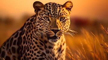 foto do leopardo em savana às pôr do sol. generativo ai