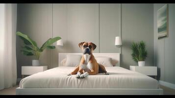 boxer cachorro deitado em cama dentro hotel com contemporâneo interior Projeto. generativo ai foto