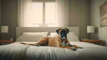 boxer cachorro deitado em cama dentro hotel com contemporâneo interior Projeto. generativo ai foto