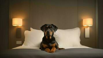 rottweiler cachorro deitado em cama dentro hotel com contemporâneo interior Projeto. generativo ai foto