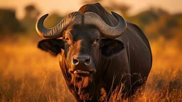 foto do búfalo em savana às pôr do sol. generativo ai