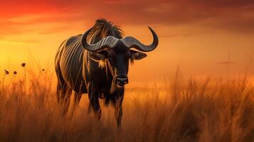 foto do GNU em savana às pôr do sol. generativo ai