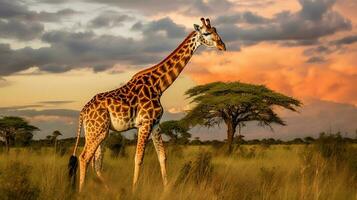 foto do girafa em savana às pôr do sol. generativo ai