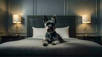 Affenpinscher cachorro deitado em cama dentro hotel com contemporâneo interior Projeto. generativo ai foto