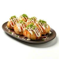 Comida fotografia do takoyaki em prato isolado em branco fundo. generativo ai foto