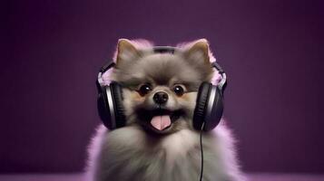 foto do pomerânia cachorro usando fone de ouvido em roxa fundo. generativo ai