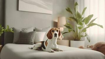 beagle cachorro deitado em cama dentro hotel com contemporâneo interior Projeto. generativo ai foto