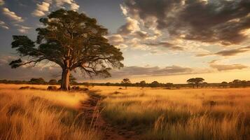 foto do savana às pôr do sol. generativo ai