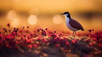 foto do africano Jacanã em savana às pôr do sol. generativo ai